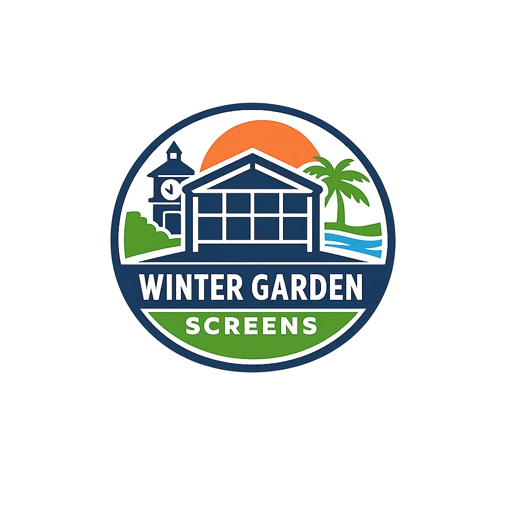 Winter Garden Screens logo with screened patio, palm tree, and sunset design